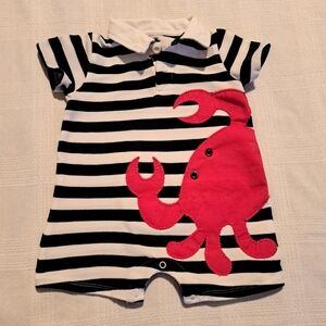 Mudpie size 12-18 months lobster on blue & white stripe romper